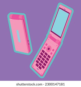 flip phone Vintage Illustration, farbenfroh und unterhaltsam, ästhetisch, cool design, violetter hintergrund