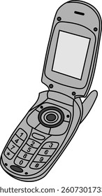 Flip phone vintage illustration, gray on white background. Gray folding cell phone. Vector illustration of retro cell flip mobile phone. Communication device icon graphic isolated on white background.