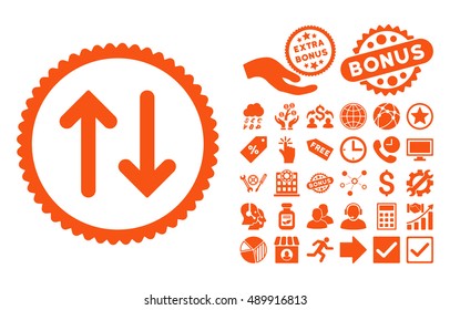 Flip pictograph with bonus design elements. Vector illustration style is flat iconic symbols, orange color, white background.