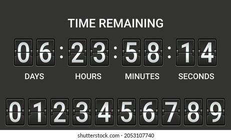 Flip scoreboard countdown counter timer. Countdown board of remaining time with day, hour, minute and second scoreboards. Vector illustration.