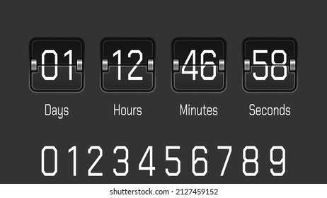 Flip scoreboard countdown counter timer. Countdown board of remaining time with day, hour, minute and second scoreboards. Vector illustration.