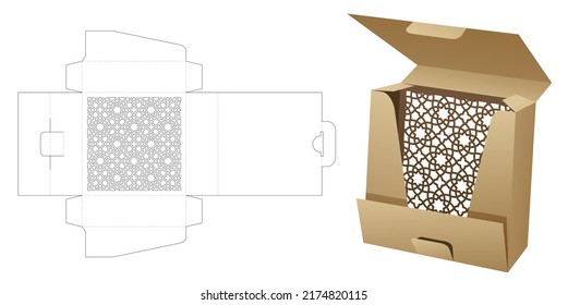Flip shirt box with stenciled Arabic pattern window die cut template and 3D mockup
