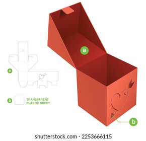 Flip square box with hidden stenciled heart and arrow die cut template and 3D mockup