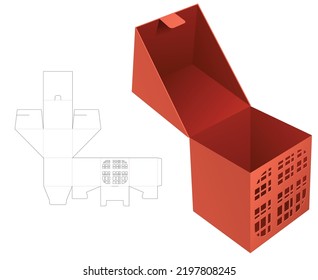 Flip square box with stenciled pattern die cut template and 3D mockup