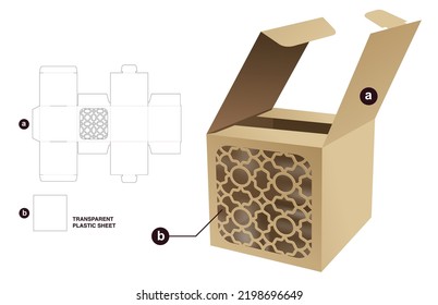 Flip Square Box With Stenciled Pattern Window And Transparent Plastic Sheet Die Cut Template And 3D Mockup