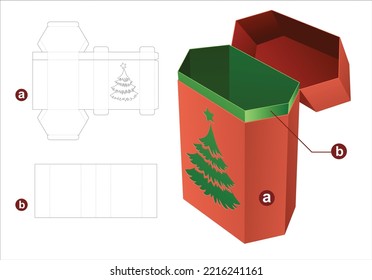 Empaque hexagonal del árbol de Navidad con estampado de voladizo con plantilla de corte insertada y maquillaje 3D