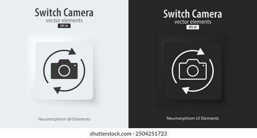 Gira y cambia el icono de la cámara. Icono plano y de línea. Un conjunto de Botones cuadrados con símbolos. Diseño de elementos de neumorfismo 3d para App, Sitios web e interfaces. UI UX Ilustración vectorial.
