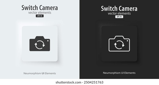 Flip and switch the camera icon. Flat and line icon. A set of square buttons with symbols. 3d Neumorphism element design for apps, websites, and Interfaces. UI UX. Vector illustration.