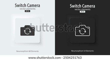 Flip and switch the camera icon. Flat and line icon. A set of square buttons with symbols. 3d Neumorphism element design for apps, websites, and Interfaces. UI UX. Vector illustration.