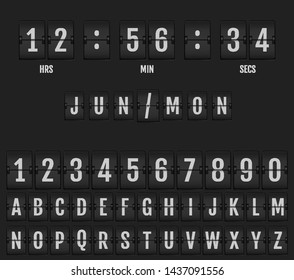 Flip table clock calendar and timer. Mechanical Scoreboard Alphabet.Table flip clock display vector template with time and date.