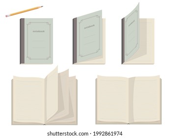 Flip through the pages of a blank notebook. Vector illustration in flat cartoon style on white background.