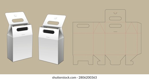 Flip Top Gift Box Packaging Die Cut Template with Handle Window Mockup, Printable Paper Carton Dieline Vector