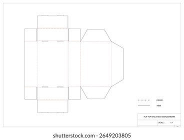 Flip top mailer box packaging die cut template design real scale measure 300x200x80mm dimension