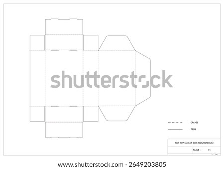 Flip top mailer box packaging die cut template design real scale measure 300x200x80mm dimension