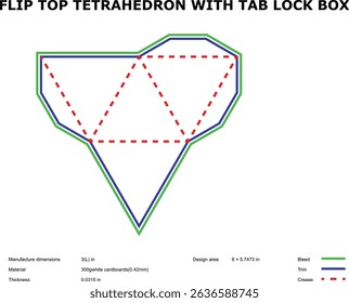Flip top tetrahedron tab lock box die-cut template design