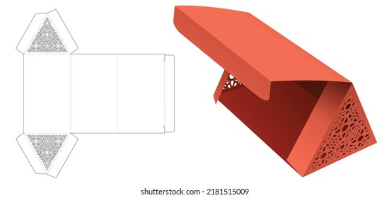 Flip triangular box with stenciled pattern die cut template and 3D mockup