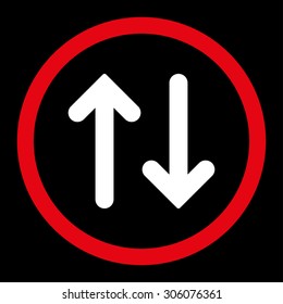 Flip vector icon. This rounded flat symbol is drawn with red and white colors on a black background.