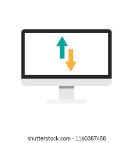 Flip Vertical arrows on the computer screen vector icon. Blue and orange opposite arrows. Flat icon. Exchange icon. 
