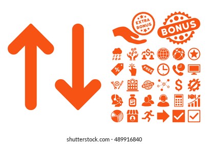 Flip Vertical icon with bonus pictures. Vector illustration style is flat iconic symbols, orange color, white background.