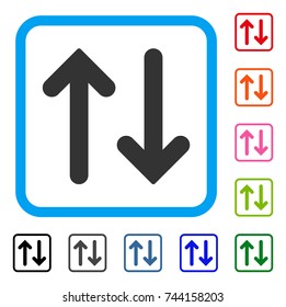 Flip Vertical icon. Flat grey pictogram symbol in a blue rounded rectangular frame. Black, gray, green, blue, red, orange color additional versions of Flip Vertical vector.