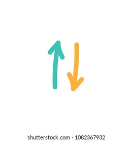 Flip Vertical vector icon. two hand drawn  orange and blue opposite arrows isolated on white. Flat exchange icon. Flip flop pictogram. Vertical double-headed arrow.