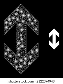 Flip vertically icon and glowing mesh flip vertically model with glossy spots. Illuminated model is generated from flip vertically vector icon and triangulated mesh. Bright carcass flip vertically,