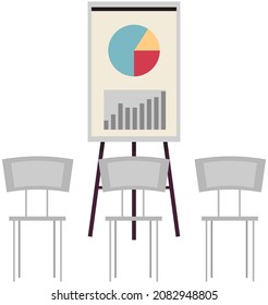 Flipchart with diagram in presentation studio. Presentation board with statistical data. Business report showroom with poster and chairs for spectators. Results of statistical research on board