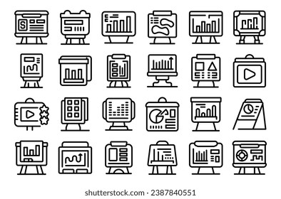 Flipchart icons set outline vector. Easel board. Meeting classroom stand