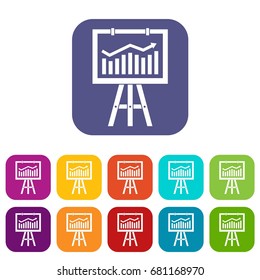 Flipchart with marketing data icons set vector illustration in flat style in colors red, blue, green, and other