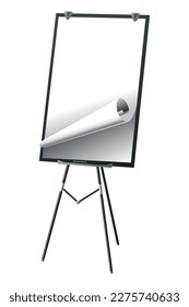 Flipchart mockup. Presentation and seminar whiteboard with blank paper sheets. Flip chart on tripod with space for text, vector illustration isolated on white background