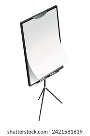 Flipchart mockup. Presentation and seminar whiteboard with blank paper sheets. Flip chart on tripod with space for text, vector illustration isolated on white background