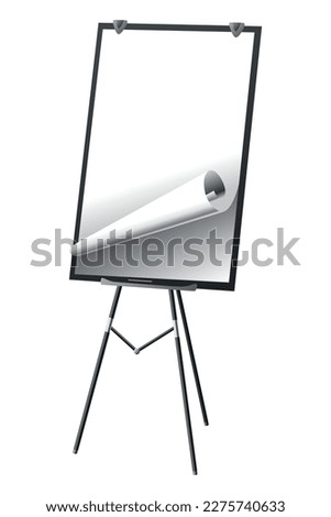 Flipchart mockup. Presentation and seminar whiteboard with blank paper sheets. Flip chart on tripod with space for text, vector illustration isolated on white background