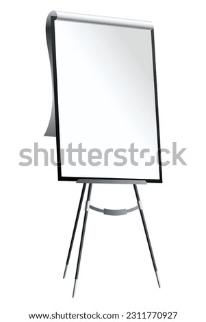 Flipchart mockup. Presentation and seminar whiteboard with blank paper sheets. Flip chart on tripod with space for text, vector illustration isolated on white background