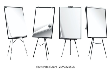 Flipchart mockup set at different angles. Presentation and seminar whiteboard with blank paper sheets. Flip chart on tripod with space for text, vector illustration isolated on white background