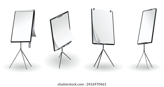 Flipchart mockup set at different angles. Presentation and seminar whiteboard with blank paper sheets. Flip chart on tripod with space for text, vector illustration isolated on white background