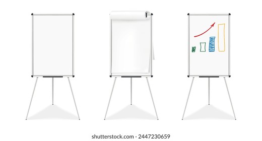 Flipchart whiteboard easel tripod stand. Vector mock-up. Flip chart white board. Realistic mockup