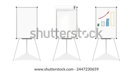 Flipchart whiteboard easel tripod stand. Vector mock-up. Flip chart white board. Realistic mockup
