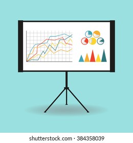 Flipchart, whiteboard or projection screen with marketing data. Flat design. Vector illustration.