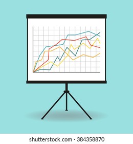 Flipchart, whiteboard or projection screen with marketing data. Flat design. Vector illustration.
