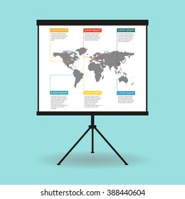 Flipchart, Whiteboard Or Projection Screen With World Map. Flat Design. Vector Illustration.