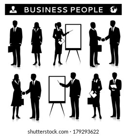 Flipcharts with business people silhouettes talking handshaking and collaborating vector illustration