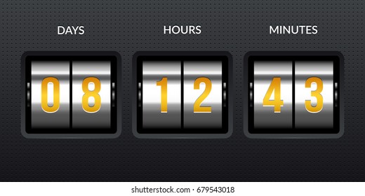 Flip-clock countdown timer. 3d realistic metal reels. Eps10 vector.