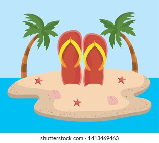 flip-flop in the beach sand with palms trees