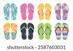 Flipflop colorful pattern clipart set. Multicolored slipper elements clip art for swimming summer beach vacation holiday pair of sandals collection in white background vector illustration.
