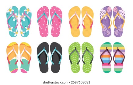 Flipflop colorful pattern clipart set. Multicolored slipper elements clip art for swimming summer beach vacation holiday pair of sandals collection in white background vector illustration.
