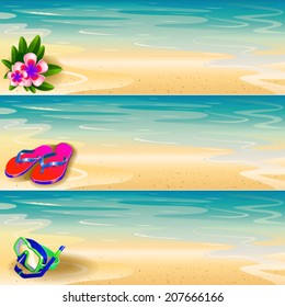 Flip-flop, floral, diving mask on the beach banner set 