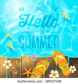 Flip-flop on old wooden plank platform over Azure water with tropical fishes - vector illustration with summer holidays greeting