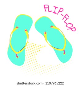 A flip-flop on a white background and spots of yellow dots. Vector illustration, isolated neon blue and pink color. Template for advertising design, tourist brochures and magazines.