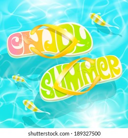 Flip-flop with summer greeting floating on water with tropical fishes - summer holidays vector design