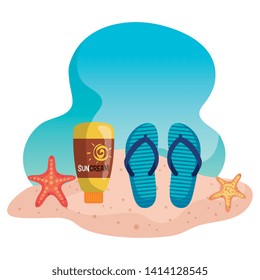 flip-flop with suncream and starfishes in the beach sand